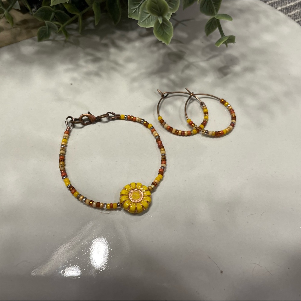 Handmade Boho Fall Sunflower Bracelet and Earring Set